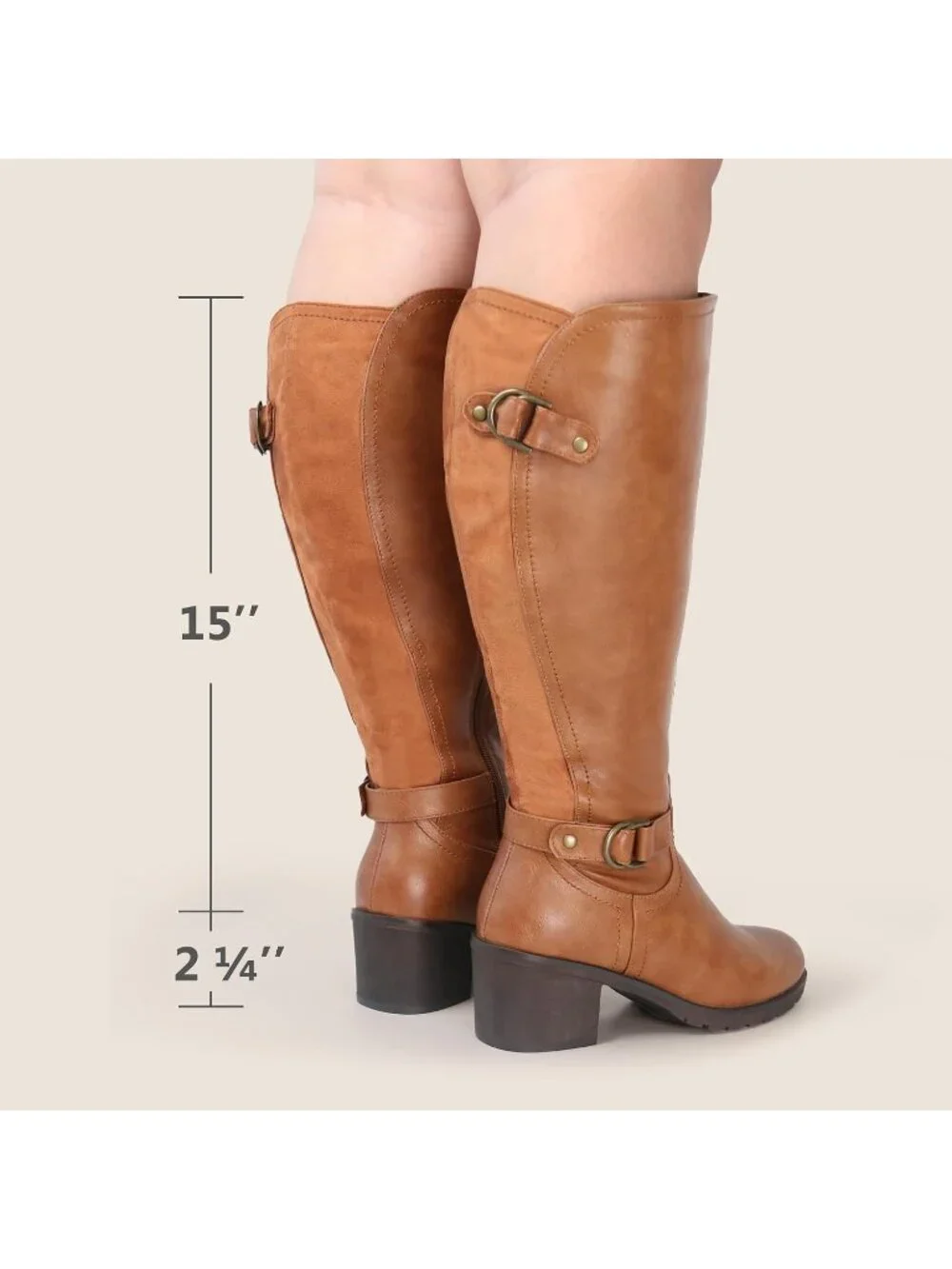 Women's Tan Wide Calf Block Heel and Decorated Double Buckle  Knee High Boots